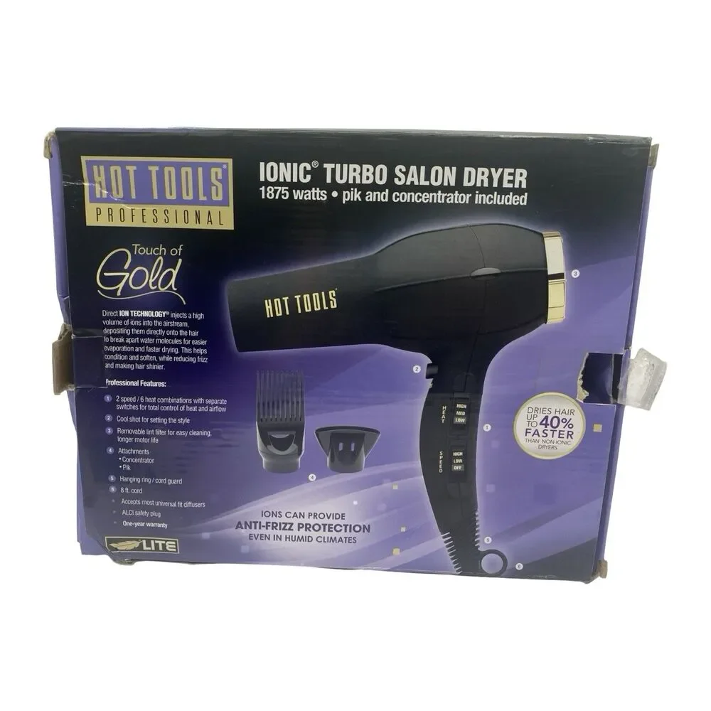 Hot Tools Ionic Turbo Salon Hair Dryer Black 1875 watts Touch of Gold